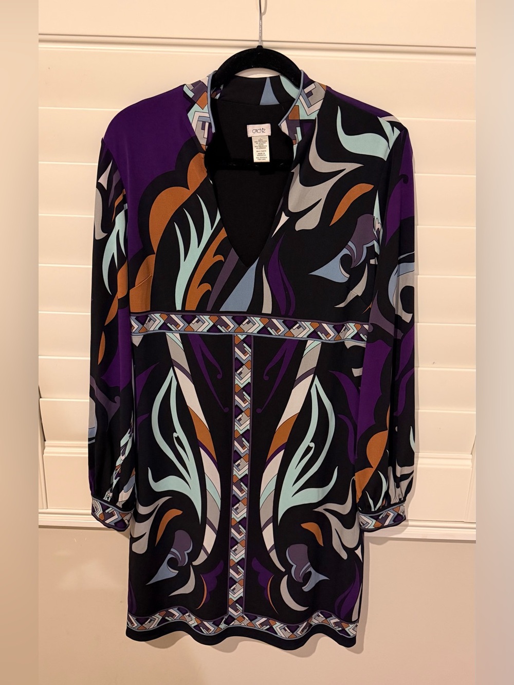 Cache Purple, Black & Teal Abstract Print Long Sleeve mini Dress